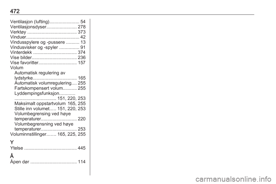OPEL ASTRA K 2017.5  Instruksjonsbok 472Ventilasjon (lufting).......................54
Ventilasjonsdyser .......................278
Verktøy  ...................................... 373
Vinduer ......................................... 42