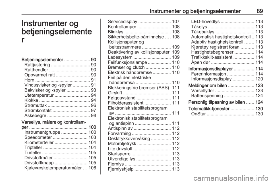 OPEL ASTRA K 2017.5  Instruksjonsbok Instrumenter og betjeningselementer89Instrumenter og
betjeningselemente
rBetjeningselementer ....................90
Rattjustering .............................. 90
Ratthendler ........................