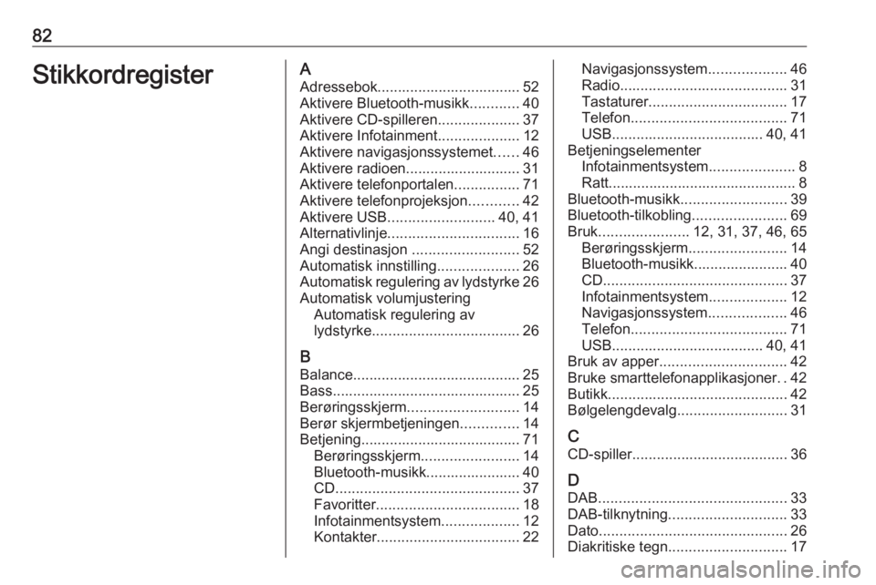 OPEL ASTRA K 2018 Brukerhåndbok for infotainmentsystem 82StikkordregisterAAdressebok................................... 52Aktivere Bluetooth-musikk ............40
Aktivere CD-spilleren ....................37
Aktivere Infotainment ....................12
Ak OPEL ASTRA K 2018 Brukerhåndbok for infotainmentsystem 82StikkordregisterAAdressebok................................... 52Aktivere Bluetooth-musikk ............40
Aktivere CD-spilleren ....................37
Aktivere Infotainment ....................12
Ak