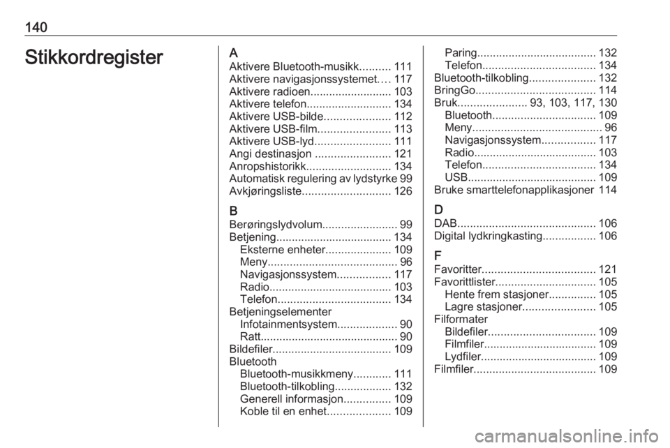 OPEL ASTRA K 2018.5 Brukerhåndbok for infotainmentsystem 140StikkordregisterAAktivere Bluetooth-musikk ..........111
Aktivere navigasjonssystemet ....117
Aktivere radioen.......................... 103
Aktivere telefon ........................... 134
Aktiver OPEL ASTRA K 2018.5 Brukerhåndbok for infotainmentsystem 140StikkordregisterAAktivere Bluetooth-musikk ..........111
Aktivere navigasjonssystemet ....117
Aktivere radioen.......................... 103
Aktivere telefon ........................... 134
Aktiver