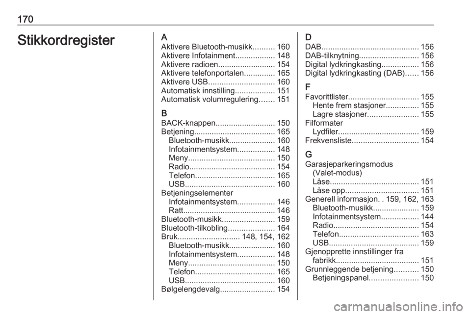 OPEL ASTRA K 2018.5 Brukerhåndbok for infotainmentsystem 170StikkordregisterAAktivere Bluetooth-musikk ..........160
Aktivere Infotainment ..................148
Aktivere radioen.......................... 154
Aktivere telefonportalen ..............165
Aktive OPEL ASTRA K 2018.5 Brukerhåndbok for infotainmentsystem 170StikkordregisterAAktivere Bluetooth-musikk ..........160
Aktivere Infotainment ..................148
Aktivere radioen.......................... 154
Aktivere telefonportalen ..............165
Aktive