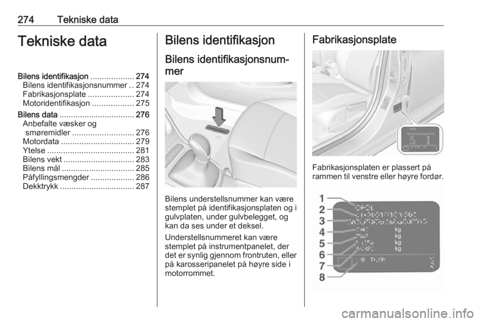 OPEL ASTRA K 2019 Instruksjonsbok 274Tekniske dataTekniske dataBilens identifikasjon...................274
Bilens identifikasjonsnummer ..274
Fabrikasjonsplate ....................274
Motoridentifikasjon ..................275
Bilens d OPEL ASTRA K 2019 Instruksjonsbok 274Tekniske dataTekniske dataBilens identifikasjon...................274
Bilens identifikasjonsnummer ..274
Fabrikasjonsplate ....................274
Motoridentifikasjon ..................275
Bilens d