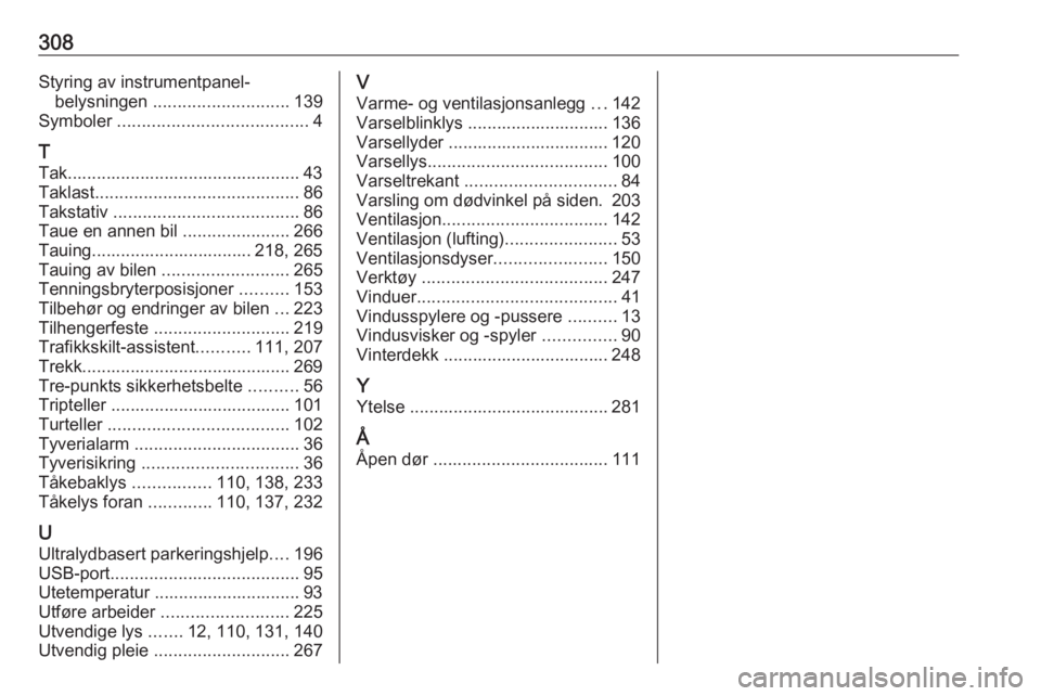 OPEL ASTRA K 2019 Instruksjonsbok 308Styring av instrumentpanel-belysningen ............................ 139
Symboler ....................................... 4
T
Tak................................................ 43
Taklast ....... OPEL ASTRA K 2019 Instruksjonsbok 308Styring av instrumentpanel-belysningen ............................ 139
Symboler ....................................... 4
T
Tak................................................ 43
Taklast .......
