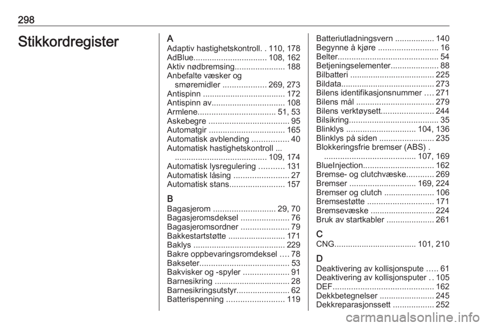 OPEL ASTRA K 2019.5 Instruksjonsbok 298StikkordregisterAAdaptiv hastighetskontroll ..110, 178
AdBlue ................................ 108, 162
Aktiv nødbremsing ......................188
Anbefalte væsker og smøremidler ............. OPEL ASTRA K 2019.5 Instruksjonsbok 298StikkordregisterAAdaptiv hastighetskontroll ..110, 178
AdBlue ................................ 108, 162
Aktiv nødbremsing ......................188
Anbefalte væsker og smøremidler .............