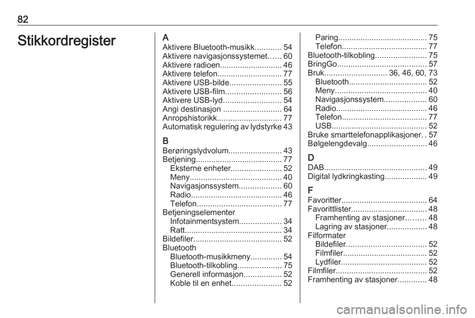 OPEL ASTRA K 2020  Brukerhåndbok for infotainmentsystem 82StikkordregisterAAktivere Bluetooth-musikk ............54
Aktivere navigasjonssystemet ......60
Aktivere radioen............................ 46 Aktivere telefon ............................. 77
Akti