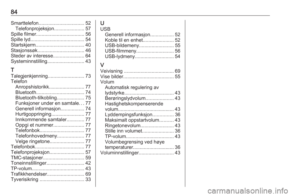 OPEL ASTRA K 2020  Brukerhåndbok for infotainmentsystem 84Smarttelefon................................. 52
Telefonprojeksjon ......................57
Spille filmer ................................... 56
Spille lyd ....................................... 54