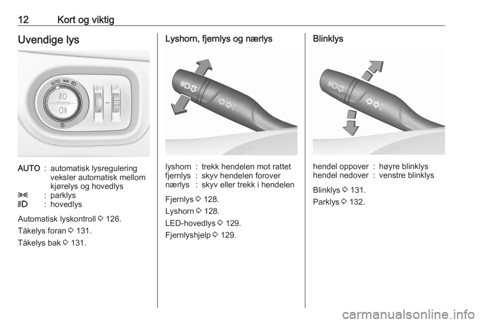 OPEL ASTRA K 2020  Instruksjonsbok 12Kort og viktigUvendige lysAUTO:automatisk lysregulering
veksler automatisk mellom
kjørelys og hovedlys8:parklys9:hovedlys
Automatisk lyskontroll  3 126.
Tåkelys foran  3 131.
Tåkelys bak  3 131.
