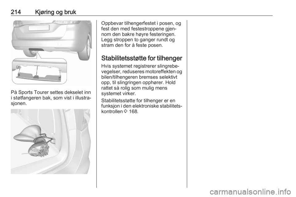 OPEL ASTRA K 2020  Instruksjonsbok 214Kjøring og bruk
På Sports Tourer settes dekselet inn
i støtfangeren bak, som vist i illustra‐
sjonen.
Oppbevar tilhengerfestet i posen, og
fest den med festestroppene gjen‐
nom den bakre hø
