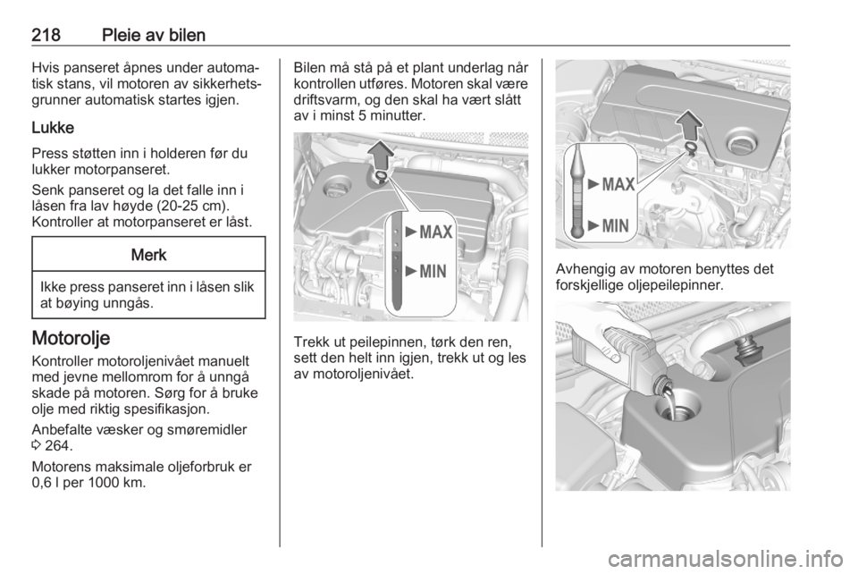 OPEL ASTRA K 2020  Instruksjonsbok 218Pleie av bilenHvis panseret åpnes under automa‐
tisk stans, vil motoren av sikkerhets‐
grunner automatisk startes igjen.
LukkePress støtten inn i holderen før du
lukker motorpanseret.
Senk p