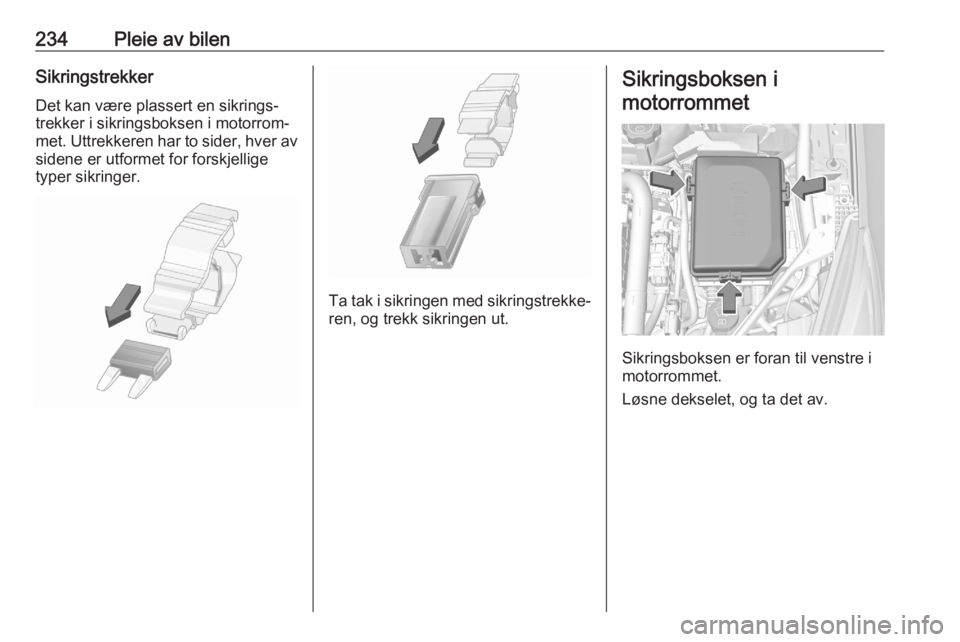 OPEL ASTRA K 2020  Instruksjonsbok 234Pleie av bilenSikringstrekkerDet kan være plassert en sikrings‐
trekker i sikringsboksen i motorrom‐
met. Uttrekkeren har to sider, hver av
sidene er utformet for forskjellige
typer sikringer.