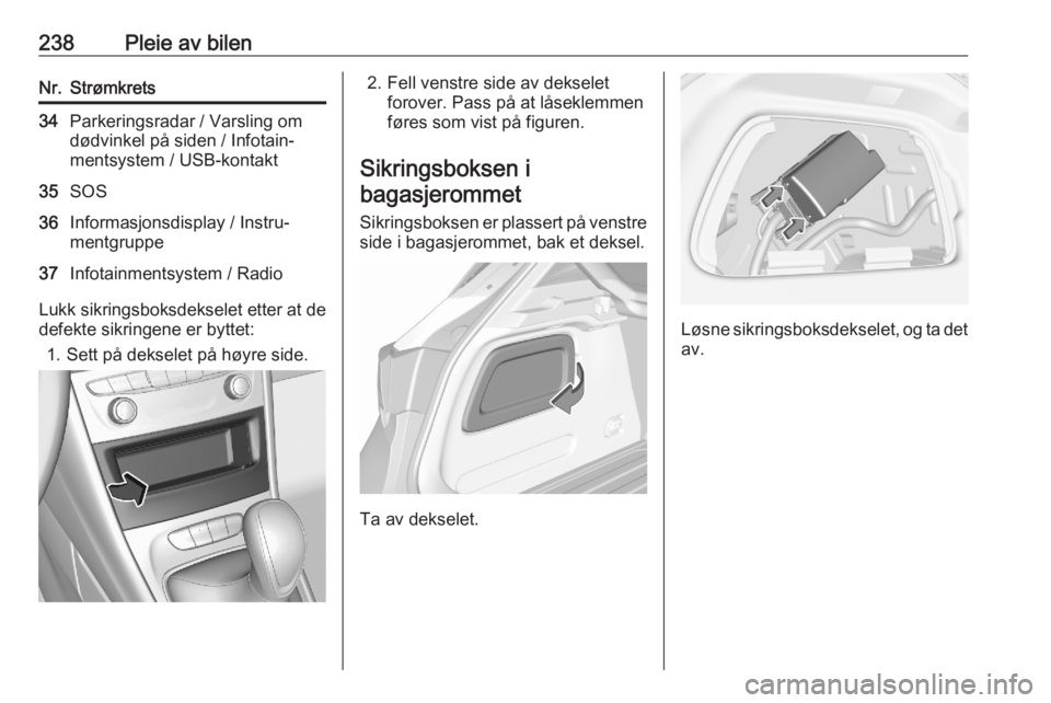 OPEL ASTRA K 2020  Instruksjonsbok 238Pleie av bilenNr.Strømkrets34Parkeringsradar / Varsling om
dødvinkel på siden / Infotain‐
mentsystem / USB-kontakt35SOS36Informasjonsdisplay / Instru‐
mentgruppe37Infotainmentsystem / Radio
