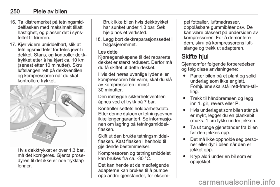 OPEL ASTRA K 2020  Instruksjonsbok 250Pleie av bilen16. Ta klistremerket på tetningsmid‐delflasken med maksimalt tillatt
hastighet, og plasser det i syns‐
feltet til føreren.
17. Kjør videre umiddelbart, slik at tetningsmiddelet