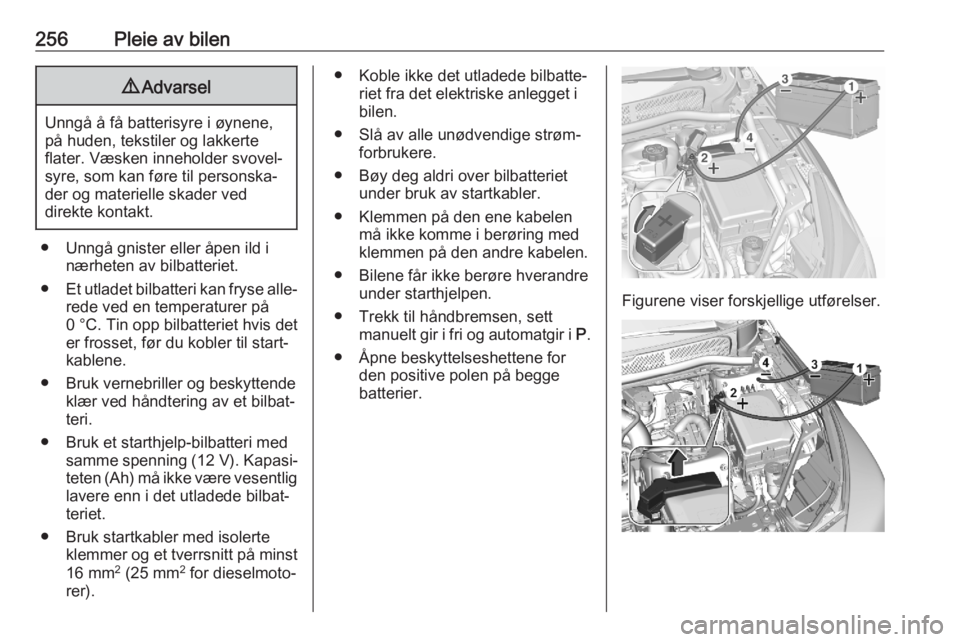 OPEL ASTRA K 2020  Instruksjonsbok 256Pleie av bilen9Advarsel
Unngå å få batterisyre i øynene,
på huden, tekstiler og lakkerte
flater. Væsken inneholder svovel‐
syre, som kan føre til personska‐
der og materielle skader ved
