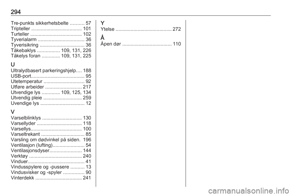 OPEL ASTRA K 2020  Instruksjonsbok 294Tre-punkts sikkerhetsbelte ..........57
Tripteller ..................................... 101
Turteller  ..................................... 102
Tyverialarm  .................................. 36
