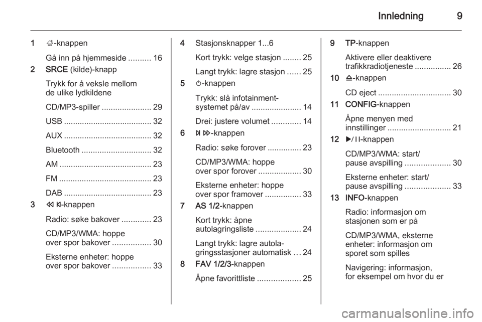 OPEL CASCADA 2014.5  Brukerhåndbok for infotainmentsystem Innledning9
1;-knappen
Gå inn på hjemmeside ..........16
2 SRCE  (kilde)-knapp
Trykk for å veksle mellom
de ulike lydkildene
CD/MP3-spiller ......................29
USB ............................