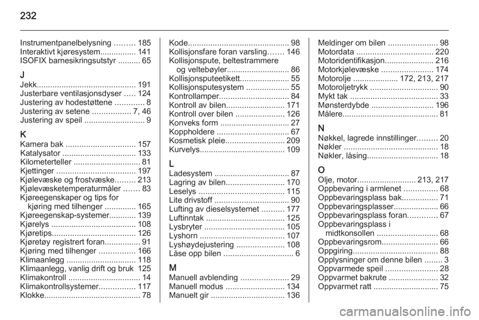 OPEL CASCADA 2014.5  Instruksjonsbok 232
Instrumentpanelbelysning .........185
Interaktivt kjøresystem................ 141
ISOFIX barnesikringsutstyr .......... 65
J
Jekk ............................................ 191
Justerbare venti