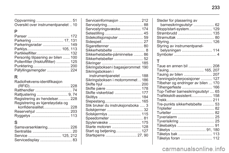 OPEL CASCADA 2014.5  Instruksjonsbok 233
Oppvarming ................................. 51
Oversikt over instrumentpanelet  ..10
P Panser  ....................................... 172
Parkering  ............................. 17, 131
Parkeri