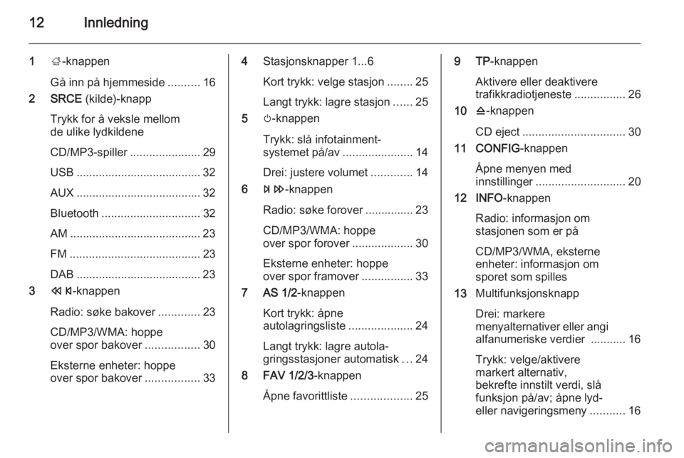 OPEL CASCADA 2015  Brukerhåndbok for infotainmentsystem 12Innledning
1;-knappen
Gå inn på hjemmeside ..........16
2 SRCE  (kilde)-knapp
Trykk for å veksle mellom
de ulike lydkildene
CD/MP3-spiller ......................29
USB ...........................