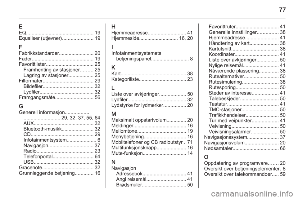 OPEL CASCADA 2015  Brukerhåndbok for infotainmentsystem 77
EEQ ................................................ 19
Equaliser (utjevner) ......................19
F
Fabrikkstandarder......................... 20
Fader .........................................