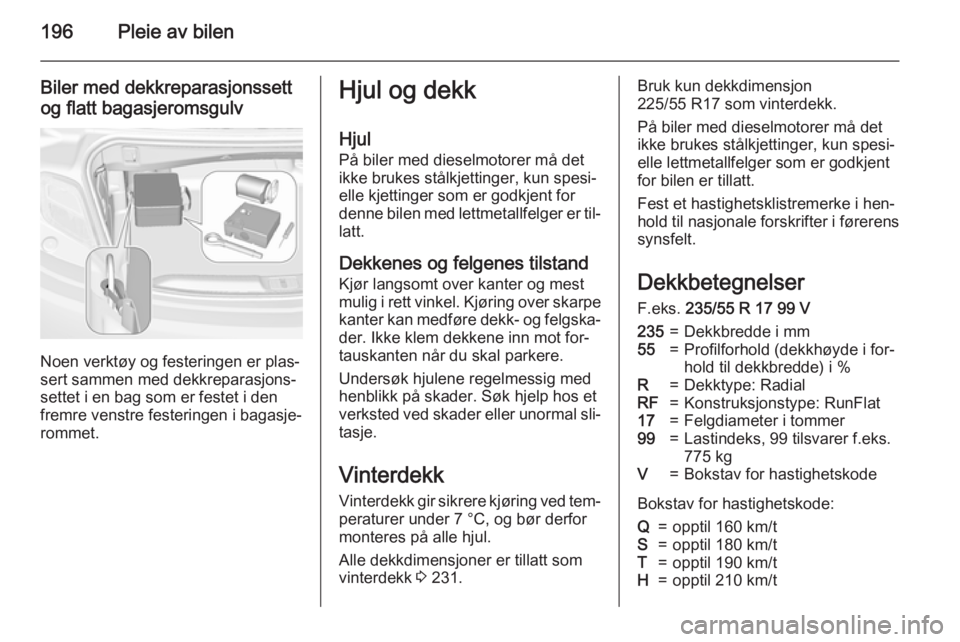 OPEL CASCADA 2015  Instruksjonsbok 196Pleie av bilen
Biler med dekkreparasjonssett
og flatt bagasjeromsgulv
Noen verktøy og festeringen er plas‐
sert sammen med dekkreparasjons‐
settet i en bag som er festet i den
fremre venstre f