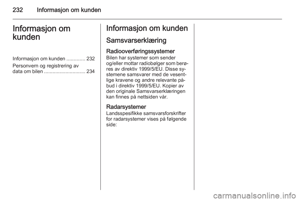 OPEL CASCADA 2015  Instruksjonsbok 232Informasjon om kundenInformasjon om
kundenInformasjon om kunden .............232
Personvern og registrering av
data om bilen ............................. 234Informasjon om kunden
Samsvarserklærin