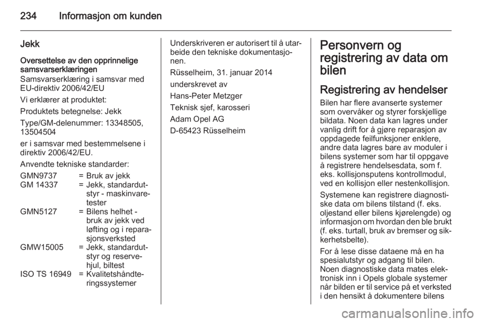 OPEL CASCADA 2015  Instruksjonsbok 234Informasjon om kunden
JekkOversettelse av den opprinnelige
samsvarserklæringen
Samsvarserklæring i samsvar med
EU-direktiv 2006/42/EU
Vi erklærer at produktet:
Produktets betegnelse: Jekk
Type/G