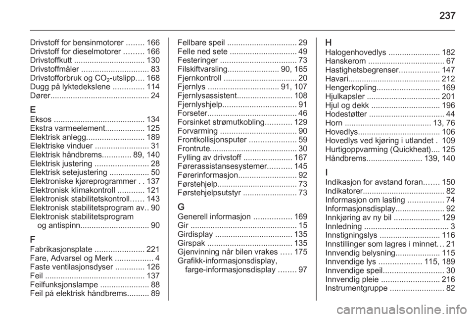 OPEL CASCADA 2015  Instruksjonsbok 237
Drivstoff for bensinmotorer ........166
Drivstoff for dieselmotorer  .........166
Drivstoffkutt ................................ 130
Drivstoffmåler  .............................. 83
Drivstofforb