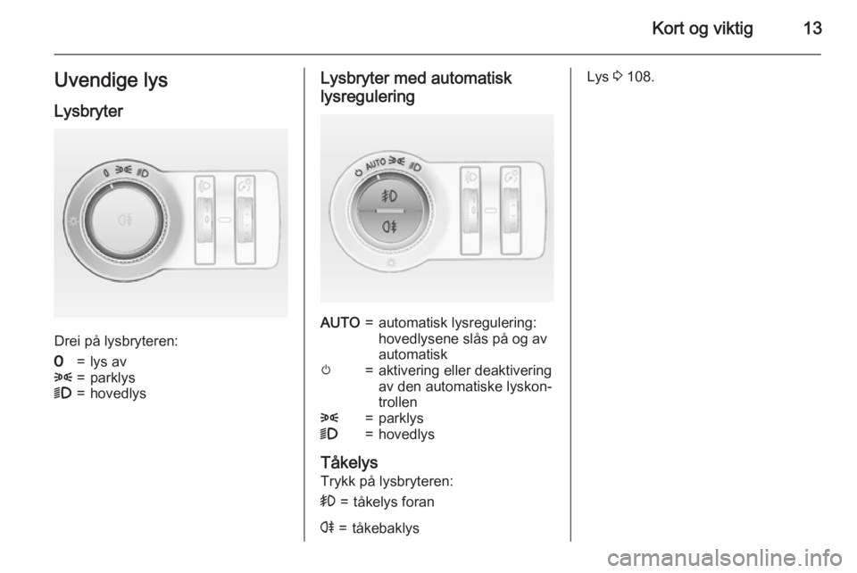 OPEL CASCADA 2015.5  Instruksjonsbok Kort og viktig13Uvendige lysLysbryter
Drei på lysbryteren:
7=lys av8=parklys9=hovedlysLysbryter med automatisklysreguleringAUTO=automatisk lysregulering:
hovedlysene slås på og av
automatiskm=aktiv