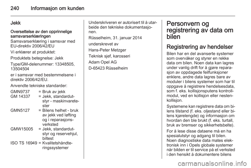 OPEL CASCADA 2015.5  Instruksjonsbok 240Informasjon om kunden
JekkOversettelse av den opprinnelige
samsvarserklæringen
Samsvarserklæring i samsvar med
EU-direktiv 2006/42/EU
Vi erklærer at produktet:
Produktets betegnelse: Jekk
Type/G