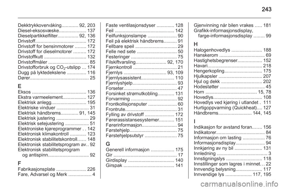 OPEL CASCADA 2015.5  Instruksjonsbok 243
Dekktrykkovervåking............92, 203
Diesel-eksosvæske ....................137
Dieselpartikkelfilter ...............92, 136
Drivstoff ...................................... 172
Drivstoff for b