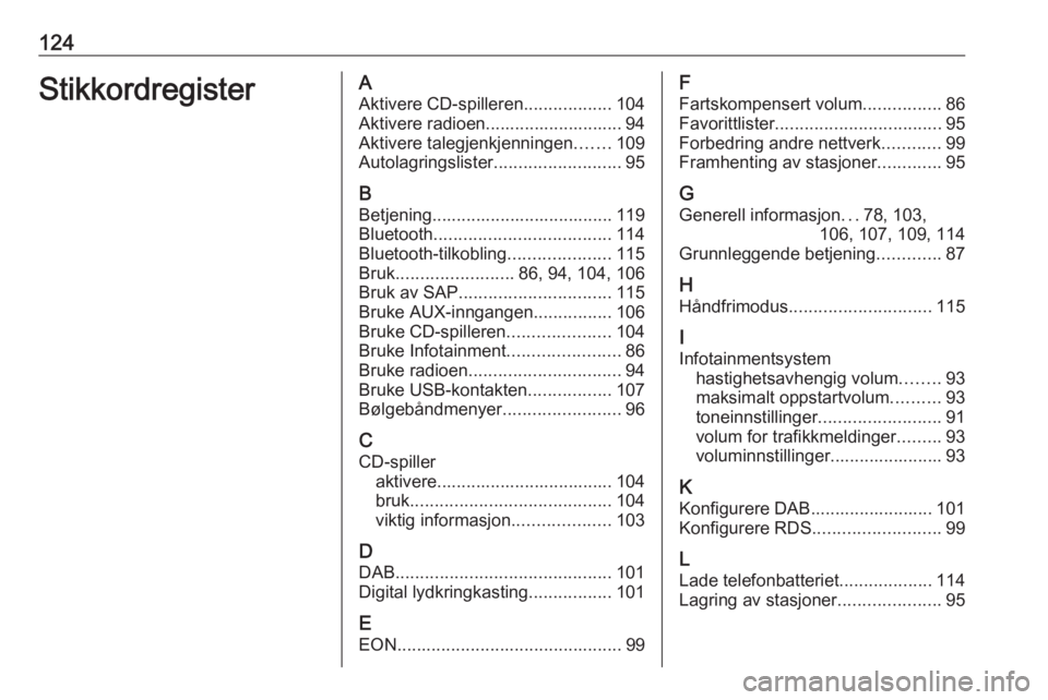 OPEL CASCADA 2016  Brukerhåndbok for infotainmentsystem 124StikkordregisterAAktivere CD-spilleren ..................104
Aktivere radioen............................ 94
Aktivere talegjenkjenningen .......109
Autolagringslister ..........................95
B