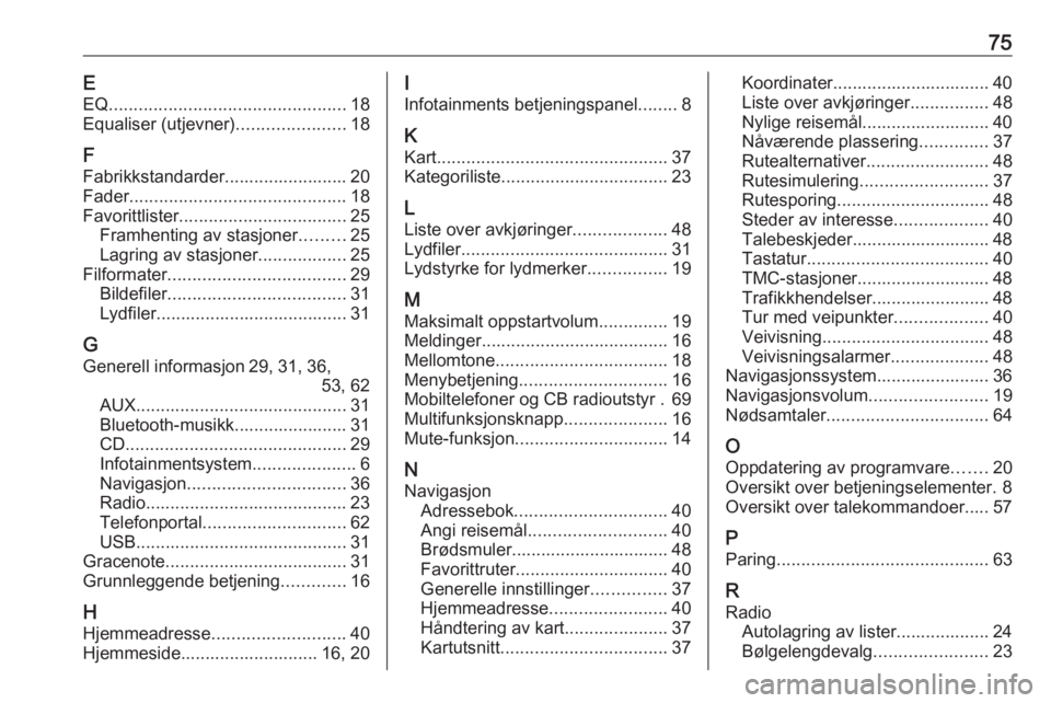 OPEL CASCADA 2016 Brukerhåndbok for infotainmentsystem 75EEQ ................................................ 18
Equaliser (utjevner) ......................18
F
Fabrikkstandarder......................... 20
Fader .......................................... OPEL CASCADA 2016 Brukerhåndbok for infotainmentsystem 75EEQ ................................................ 18
Equaliser (utjevner) ......................18
F
Fabrikkstandarder......................... 20
Fader ..........................................