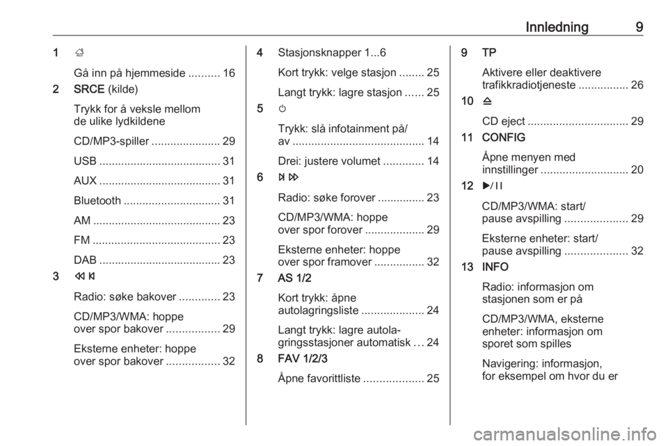 OPEL CASCADA 2016  Brukerhåndbok for infotainmentsystem Innledning91;
Gå inn på hjemmeside ..........16
2 SRCE  (kilde)
Trykk for å veksle mellom
de ulike lydkildene
CD/MP3-spiller ......................29
USB ....................................... 31
