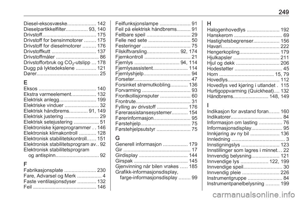 OPEL CASCADA 2016  Instruksjonsbok 249Diesel-eksosvæske....................142
Dieselpartikkelfilter ...............93, 140
Drivstoff ...................................... 175
Drivstoff for bensinmotorer  ........175
Drivstoff for di