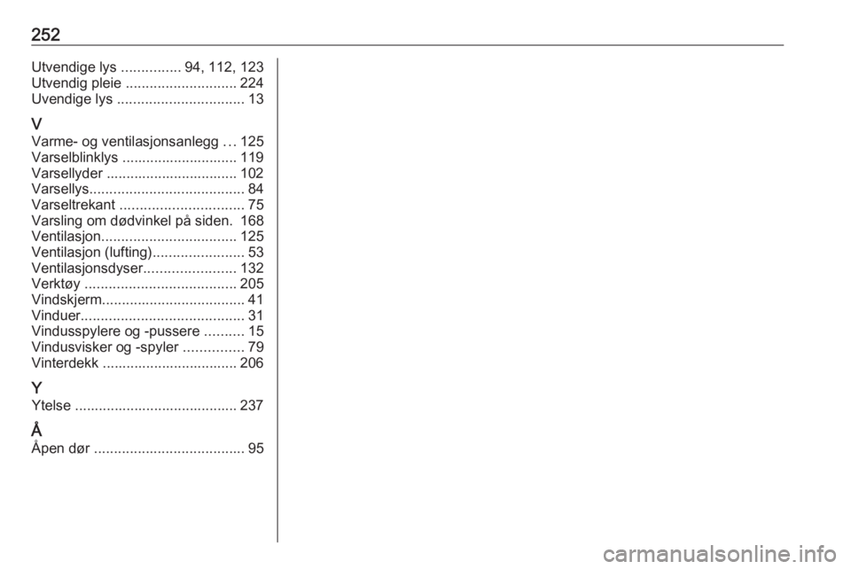 OPEL CASCADA 2016  Instruksjonsbok 252Utvendige lys ...............94, 112, 123
Utvendig pleie  ............................ 224
Uvendige lys  ................................ 13
V Varme- og ventilasjonsanlegg  ...125
Varselblinklys ..