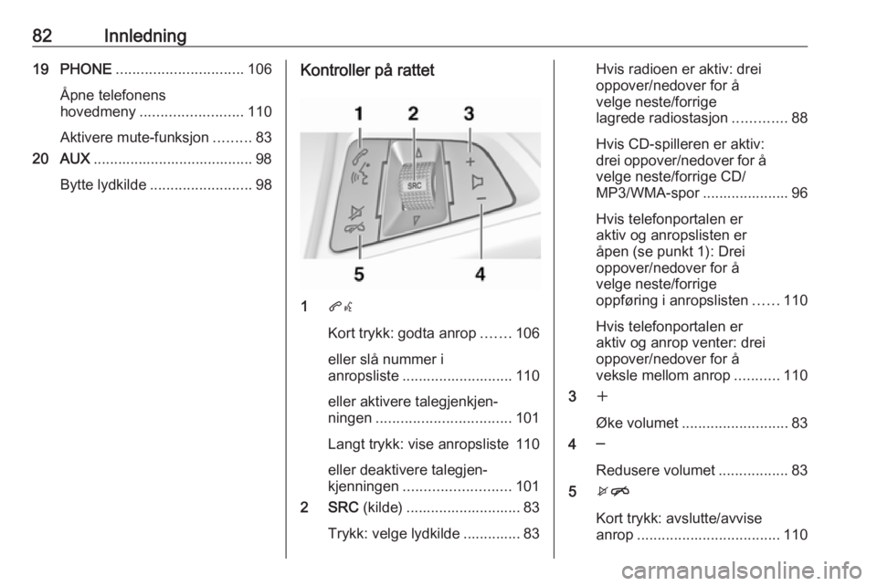 OPEL CASCADA 2016.5  Brukerhåndbok for infotainmentsystem 82Innledning19 PHONE............................... 106
Åpne telefonens
hovedmeny ......................... 110
Aktivere mute-funksjon .........83
20 AUX ....................................... 98
By