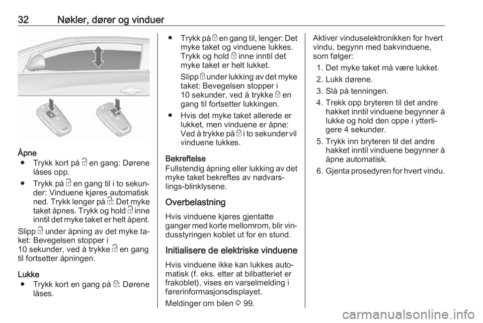 OPEL CASCADA 2016.5  Instruksjonsbok 32Nøkler, dører og vinduer
Åpne● Trykk kort på  c en gang: Dørene
låses opp.
● Trykk på  c en gang til i to sekun‐
der: Vinduene kjøres automatisk
ned. Trykk lenger på  c: Det myke
take