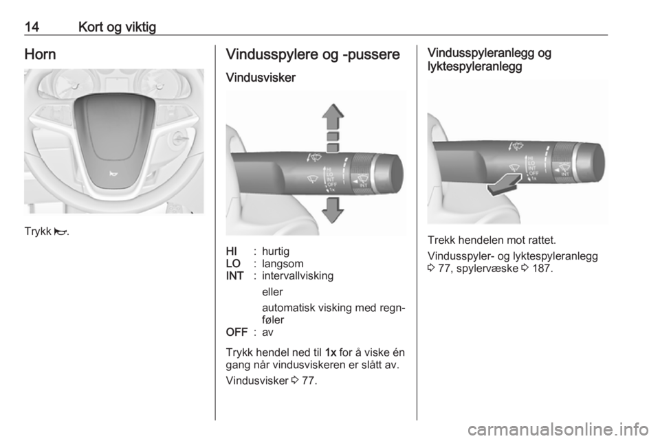 OPEL CASCADA 2017  Instruksjonsbok 14Kort og viktigHorn
Trykk j.
Vindusspylere og -pussere
VindusviskerHI:hurtigLO:langsomINT:intervallvisking
eller
automatisk visking med regn‐
følerOFF:av
Trykk hendel ned til  1x for å viske én
