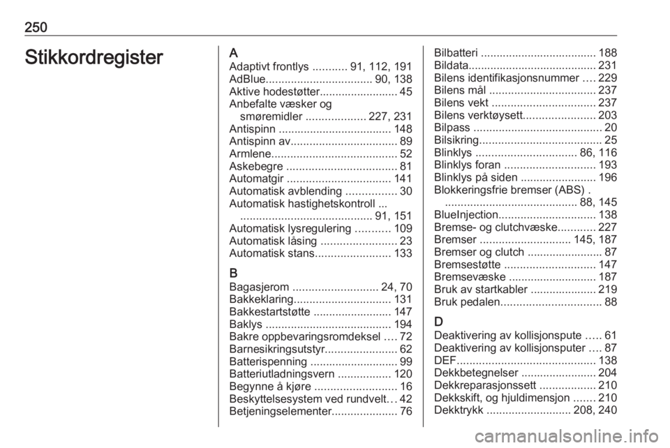 OPEL CASCADA 2017.5  Instruksjonsbok 250StikkordregisterAAdaptivt frontlys  ...........91, 112, 191
AdBlue .................................. 90, 138
Aktive hodestøtter......................... 45
Anbefalte væsker og smøremidler  ....