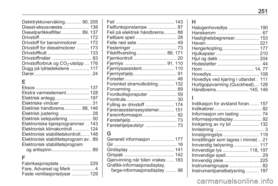 OPEL CASCADA 2017.5  Instruksjonsbok 251Dekktrykkovervåking............90, 205
Diesel-eksosvæske ....................138
Dieselpartikkelfilter ...............89, 137
Drivstoff ...................................... 172
Drivstoff for be
