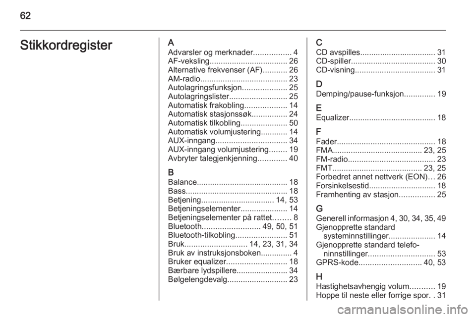 OPEL COMBO 2015 Brukerhåndbok for infotainmentsystem 62StikkordregisterAAdvarsler og merknader .................4
AF-veksling ................................... 26
Alternative frekvenser (AF) ...........26
AM-radio ..................................... OPEL COMBO 2015 Brukerhåndbok for infotainmentsystem 62StikkordregisterAAdvarsler og merknader .................4
AF-veksling ................................... 26
Alternative frekvenser (AF) ...........26
AM-radio .....................................