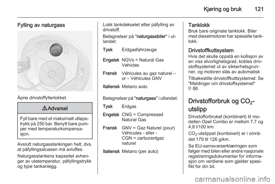 OPEL COMBO 2015  Instruksjonsbok Kjøring og bruk121
Fylling av naturgass
Åpne drivstoffyllerlokket.
9Advarsel
Fyll bare med et maksimalt utløps‐
trykk på 250 bar. Benytt bare pum‐
per med temperaturkompensa‐
sjon.
Avslutt n
