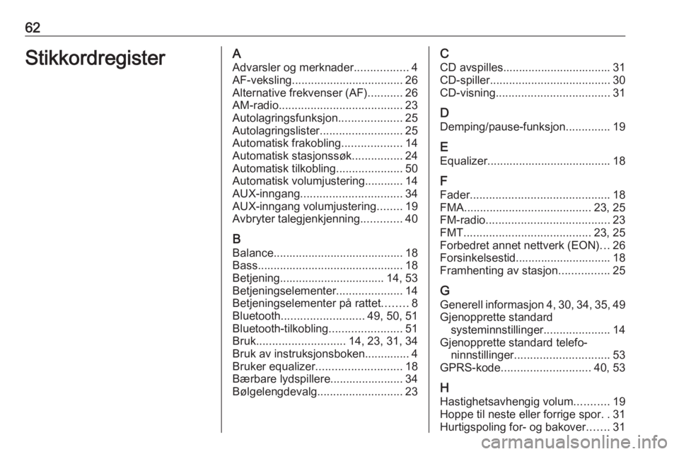 OPEL COMBO 2016 Brukerhåndbok for infotainmentsystem 62StikkordregisterAAdvarsler og merknader .................4
AF-veksling ................................... 26
Alternative frekvenser (AF) ...........26
AM-radio ..................................... OPEL COMBO 2016 Brukerhåndbok for infotainmentsystem 62StikkordregisterAAdvarsler og merknader .................4
AF-veksling ................................... 26
Alternative frekvenser (AF) ...........26
AM-radio .....................................