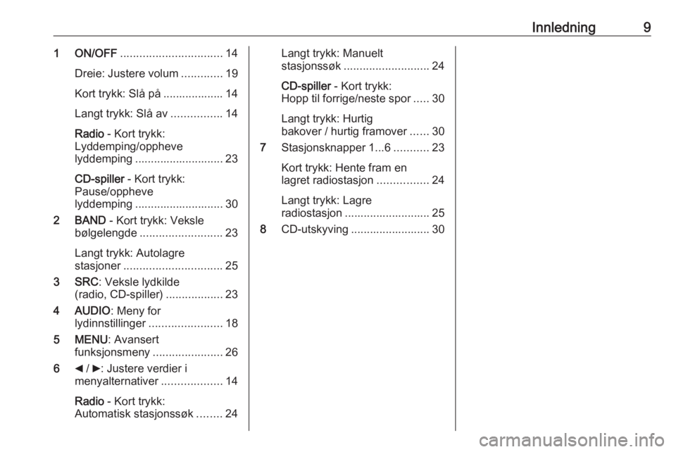 OPEL COMBO D 2018  Brukerhåndbok for infotainmentsystem Innledning91 ON/OFF................................ 14
Dreie: Justere volum .............19
Kort trykk: Slå på ................... 14
Langt trykk: Slå av ................14
Radio  - Kort trykk:
Lyd