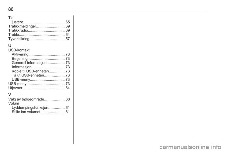 OPEL COMBO E 2019  Brukerhåndbok for infotainmentsystem 86Tidjustere ....................................... 65
Trafikkmeldinger ........................... 69
Trafikkradio ................................... 69
Treble .....................................