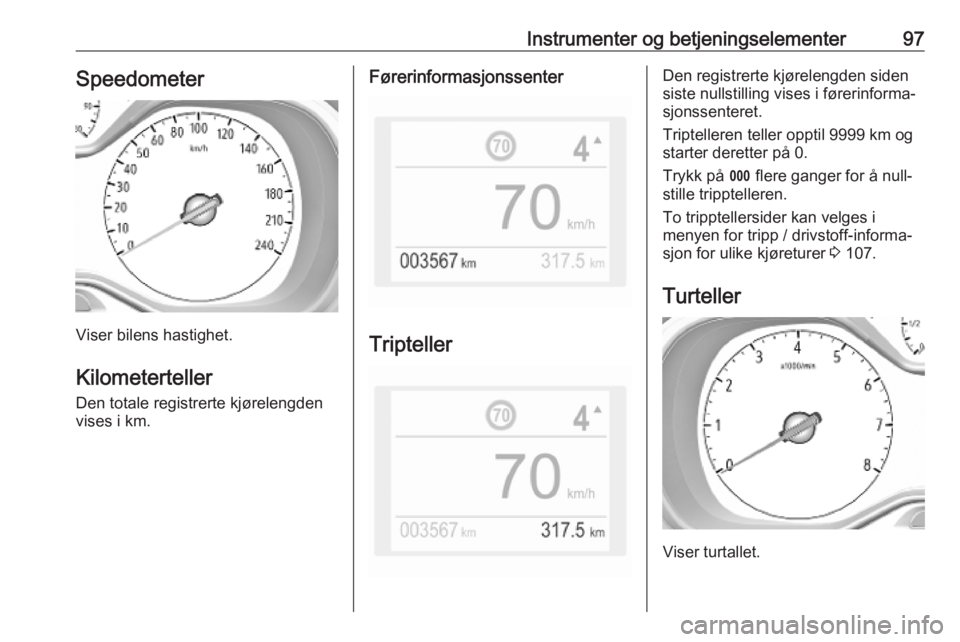 OPEL COMBO E 2019 Instruksjonsbok Instrumenter og betjeningselementer97Speedometer
Viser bilens hastighet.
Kilometerteller Den totale registrerte kjørelengden
vises i km.
Førerinformasjonssenter
Tripteller
Den registrerte kjøreleng OPEL COMBO E 2019 Instruksjonsbok Instrumenter og betjeningselementer97Speedometer
Viser bilens hastighet.
Kilometerteller Den totale registrerte kjørelengden
vises i km.
Førerinformasjonssenter
Tripteller
Den registrerte kjøreleng