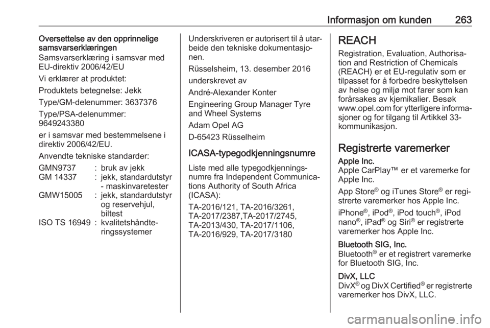 OPEL COMBO E 2019.1  Instruksjonsbok Informasjon om kunden263Oversettelse av den opprinnelige
samsvarserklæringen
Samsvarserklæring i samsvar med
EU-direktiv 2006/42/EU
Vi erklærer at produktet:
Produktets betegnelse: Jekk
Type/GM-del