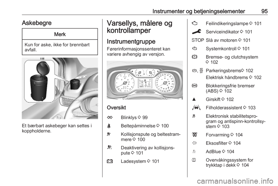 OPEL COMBO E 2019.75  Instruksjonsbok Instrumenter og betjeningselementer95AskebegreMerk
Kun for aske, ikke for brennbart
avfall.
Et bærbart askebeger kan settes i
koppholderne.
Varsellys, målere og
kontrollamper
Instrumentgruppe
Fører