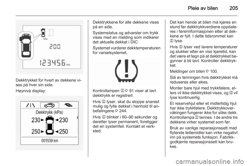 OPEL CORSA 2015.75 Instruksjonsbok Pleie av bilen205
Dekktrykket for hvert av dekkene vi‐
ses på hver sin side.
Høynivå display:
Dekktrykkene for alle dekkene vises
på en side.
Systemstatus og advarsler om trykk vises med en meld OPEL CORSA 2015.75 Instruksjonsbok Pleie av bilen205
Dekktrykket for hvert av dekkene vi‐
ses på hver sin side.
Høynivå display:
Dekktrykkene for alle dekkene vises
på en side.
Systemstatus og advarsler om trykk vises med en meld