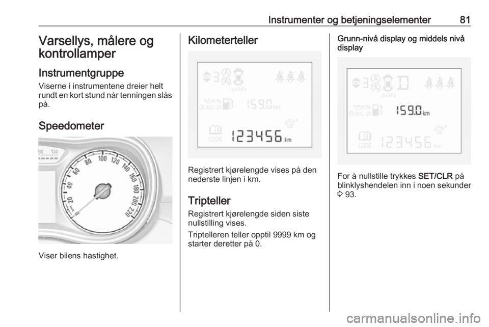 OPEL CORSA 2016 Instruksjonsbok Instrumenter og betjeningselementer81Varsellys, målere og
kontrollamper
Instrumentgruppe Viserne i instrumentene dreier helt
rundt en kort stund når tenningen slås
på.
Speedometer
Viser bilens has OPEL CORSA 2016 Instruksjonsbok Instrumenter og betjeningselementer81Varsellys, målere og
kontrollamper
Instrumentgruppe Viserne i instrumentene dreier helt
rundt en kort stund når tenningen slås
på.
Speedometer
Viser bilens has